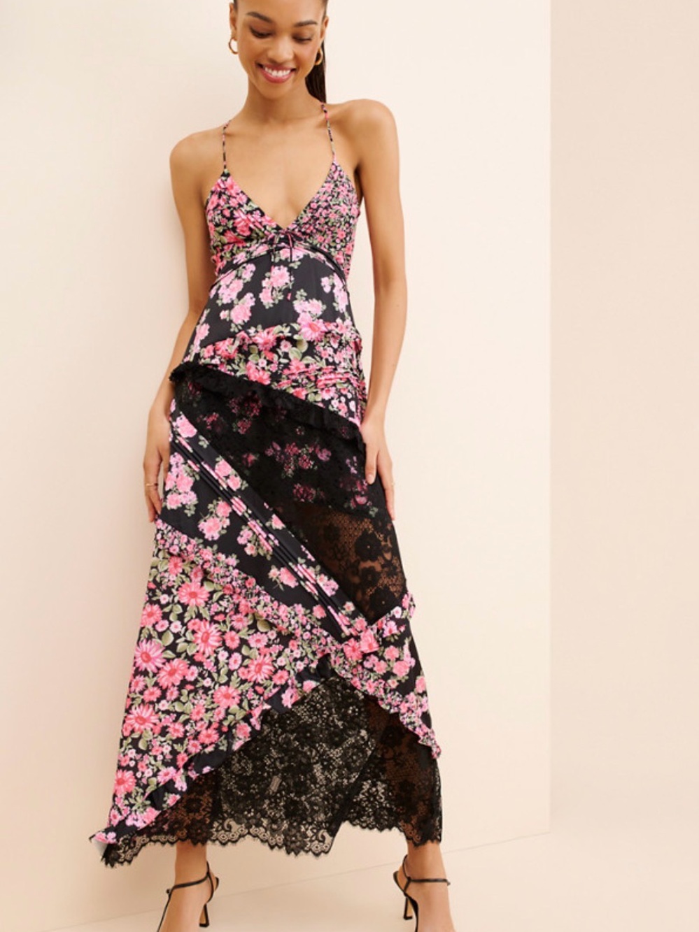 For Love & Lemons Black Maxi Dress with Pink Floral Print